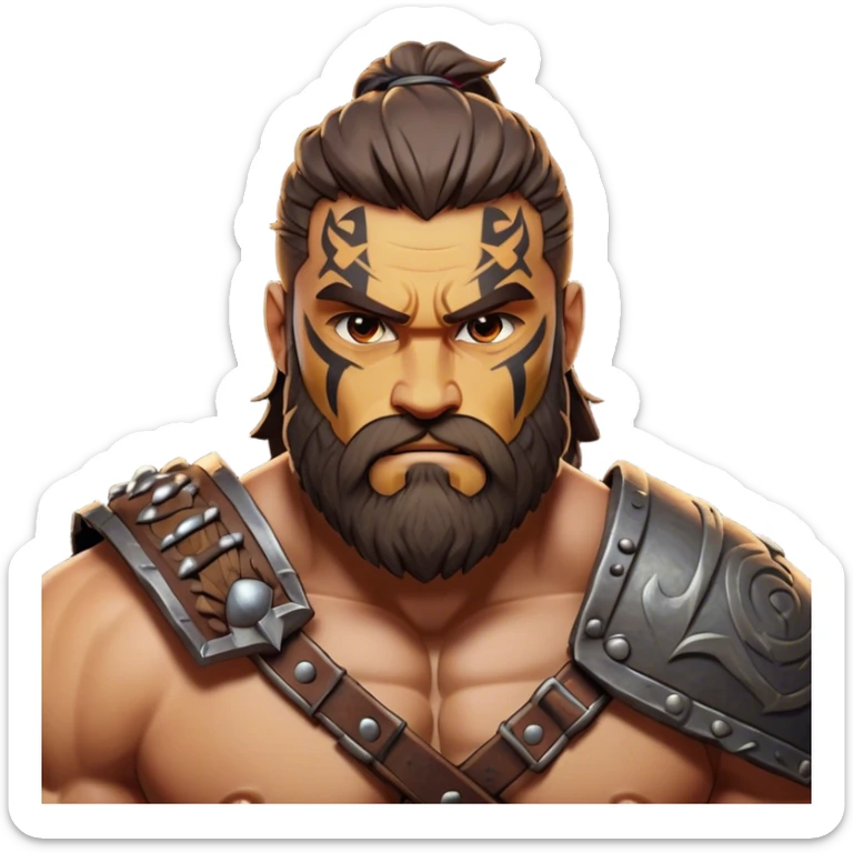 Clash of Clans aesthetic: Cinematic Rugged Barbarian Portrait Emoji, Intense and formidable with a heavily muscled physique, a rugged beard, piercing eyes, and battle-worn armor adorned with tribal markings, his expression fierce and resolute, Simplified yet powerfully detailed features, highly detailed, glowing with a deep, primal energy, high shine, gritty and uncompromising, stylized with an air of raw, untamed power, focused and determined, soft glowing outline, capturing the essence of a barbarian warrior carved by countless battles and poised to lead his clan into epic conflict! sticker