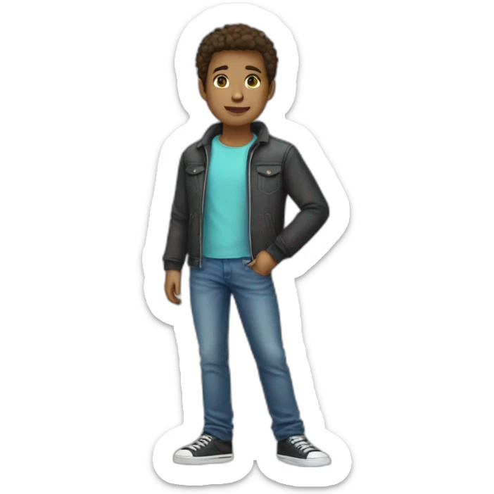 Full body teen male with jeans, t-shirt, and a jacket sticker