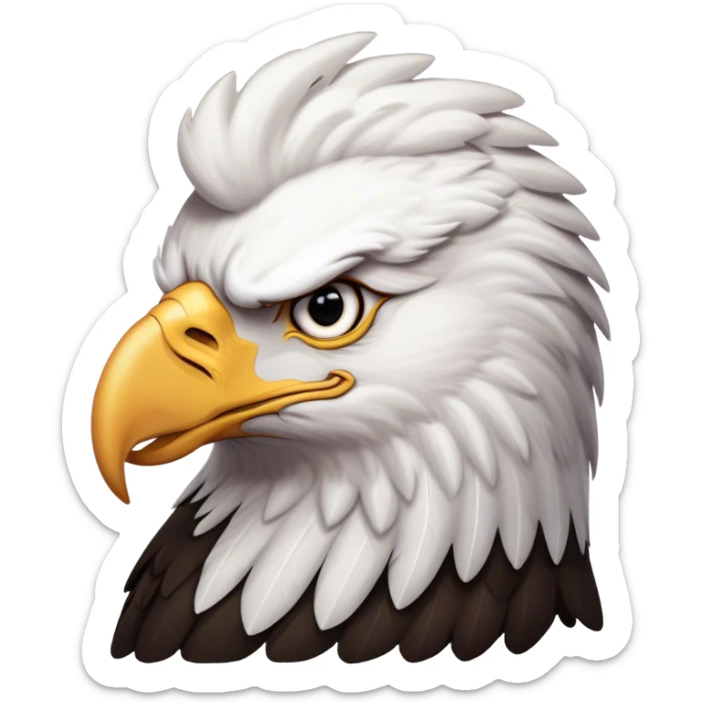 Cinematic Noble American Eagle Portrait Emoji, Poised and regal, with a powerful, broad build, a distinctive white-headed silhouette contrasting a dark, formidable body, and piercing, intense eyes, Simplified yet sharp and sophisticated features, highly detailed, glowing with a soft, majestic radiance, high shine, intelligent and commanding, stylized with an air of national pride, focused and vigilant, soft glowing outline, capturing the essence of a watchful and confident American eagle that appears ready to soar out of the screen with effortless authority! sticker