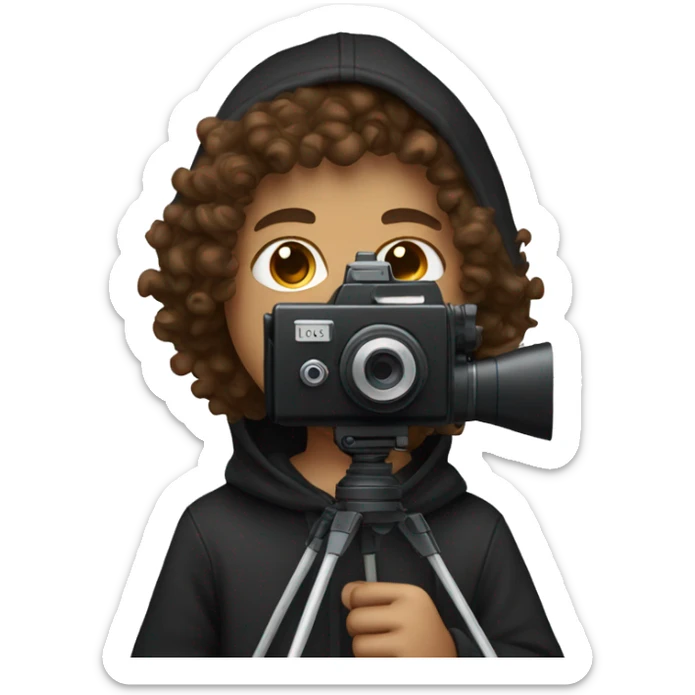 Boy with brown curly hair holding a movie camera wearing a black hoodie sticker