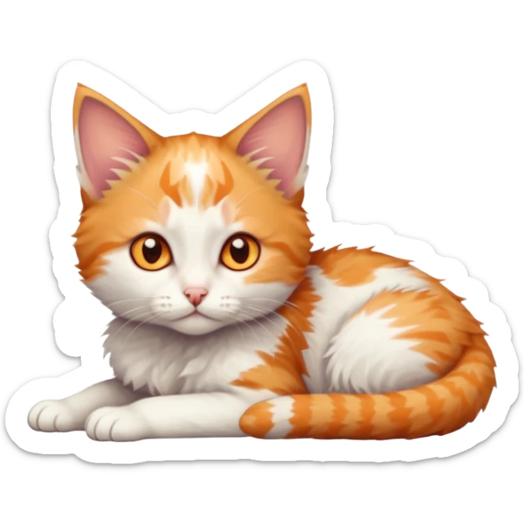 full body of very small + skinny ginger and white kitten with deep orange eyes and triangular shaped face lying down sticker