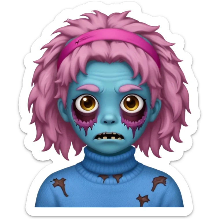 brown fluffy haired blue zombie with pink turtleneck sweater and hair band sticker