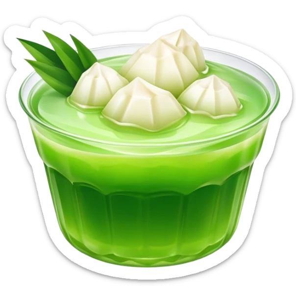 Cinematic Realistic Coconut Pandan Jelly Dessert Emoji, showcasing a delicate, translucent jelly infused with coconut and pandan rendered with lifelike detail and soft, tropical lighting. sticker