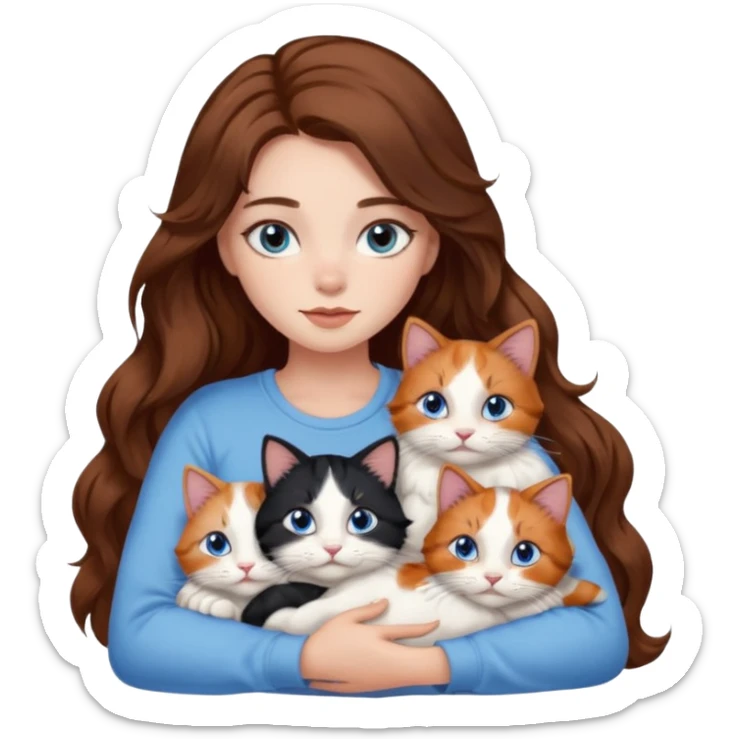 girl with long wavy brown hair, blue eyes, long lashes makeup, cuddling with 6 cats sticker