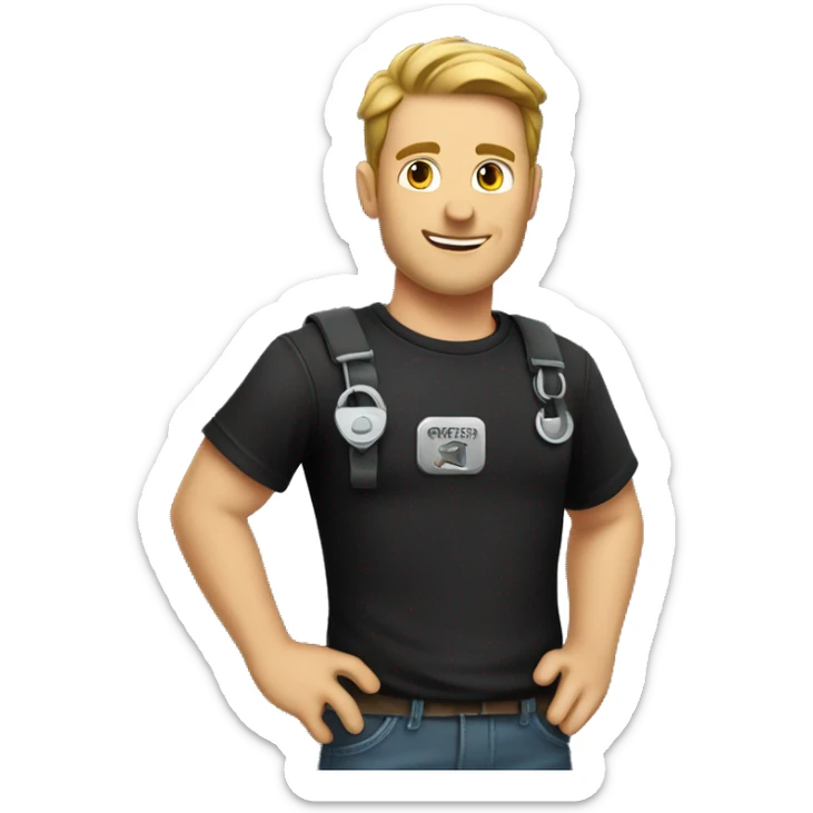 a white man in a black t-shirt is a mechanic with a repair key sticker