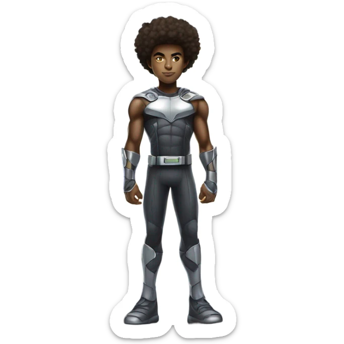 Muscular Afro teenage boy in a Cyborg superhero costume standing on a spaceship. sticker