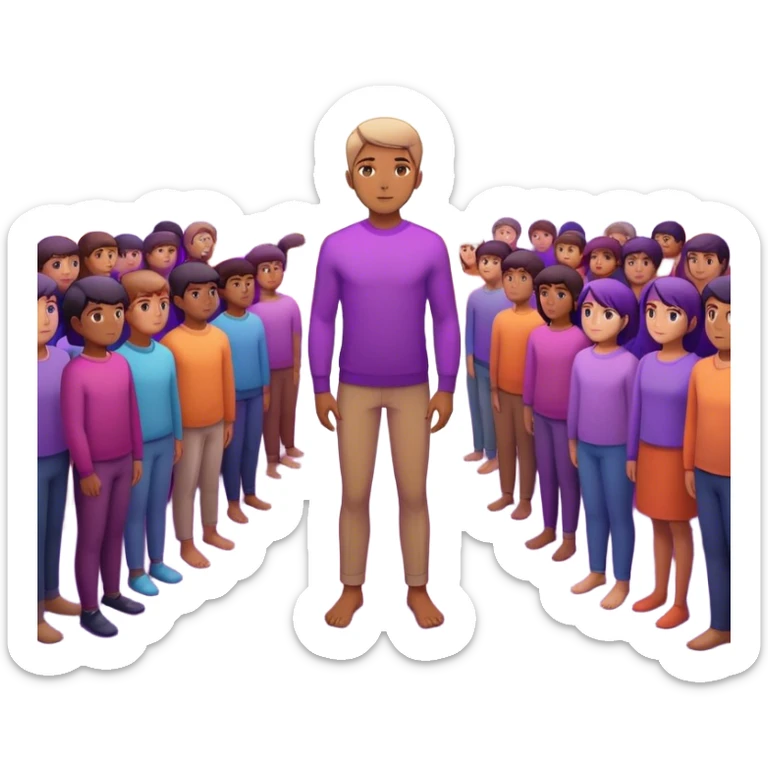 A charismatic person standing confidently in the center of a room, radiating a violet warm bright aura glow, he is calm with a lot of people around sticker