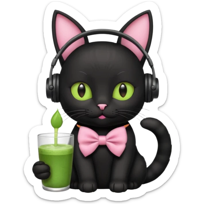 A black cat wearing cute headphones with a glass of matcha, a pink bow on his ear sticker