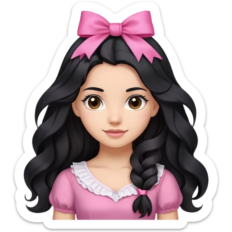 Beautiful girl with long black hair in a half-up half-down hairstyle with pink ribbon tying the top half, waves at the ends, brown eyes, light skin, slight smile, and pink dress sticker