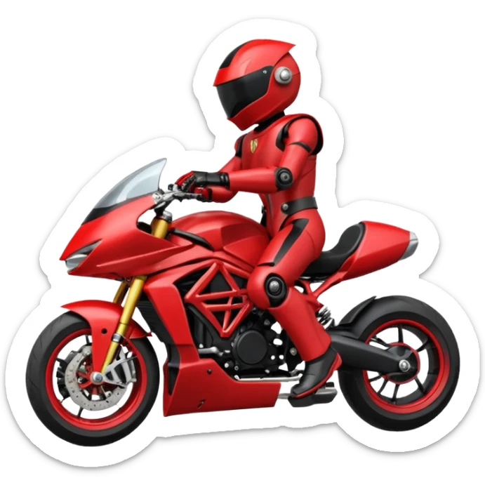 Un robot type bender de Futurama conduisant une mv Agusta 800rr dragster rouge et noir avec un casque et une combinaison de même couleur sticker