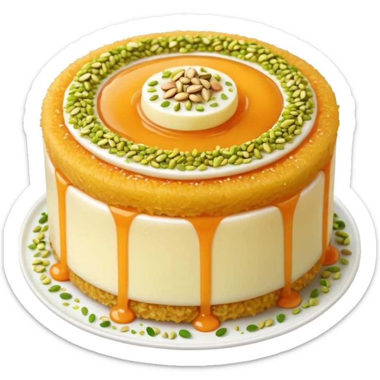 A small round emoji of traditional kanafeh with golden-orange crispy threads, a gooey white cheese center, and a light sprinkle of green pistachios. Warm and delicious-looking. sticker