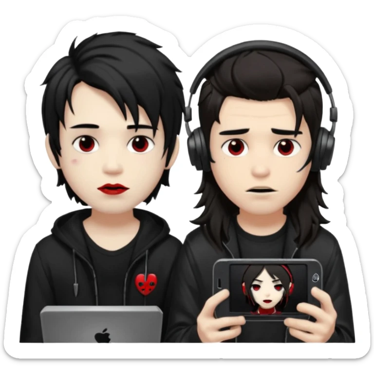 pale Goth boy with a bunch of face piercings, with shaggy dark brown hair, smudged red lipstick next to a tan skin gamer boy with long black hair , they are watching tv together  sticker