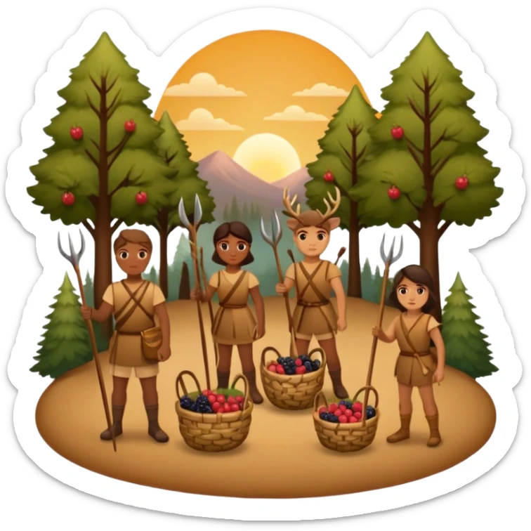 A simple, flat-style illustration of a small group of people with spears and baskets, gathering berries and hunting a deer, surrounded by trees and a sunset—emoji aesthetic, warm earth tones. sticker