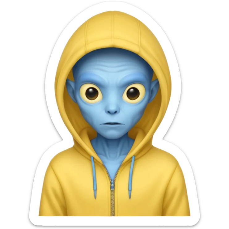 generate a blue alien wearing a yellow hoodie with no zipper sticker
