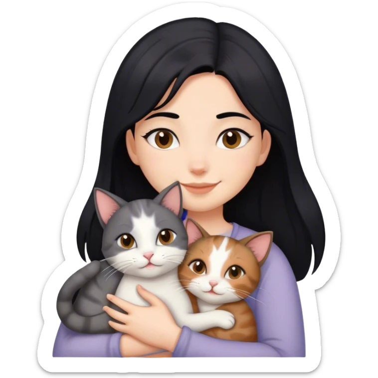 happy girl with black hair hugging three cats  (carey cat, gray cat, brown calico cat) sticker