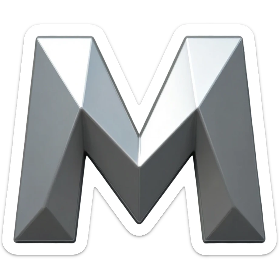 ...Minimalist 3D emoji based on image_e44ce5.png: massive polished chrome geometric 'M' raised metal relief, integrated central on deeply impressed bare heel in rough grey concrete. Harsh shadows, high contrast. Isolated on white --no background sticker