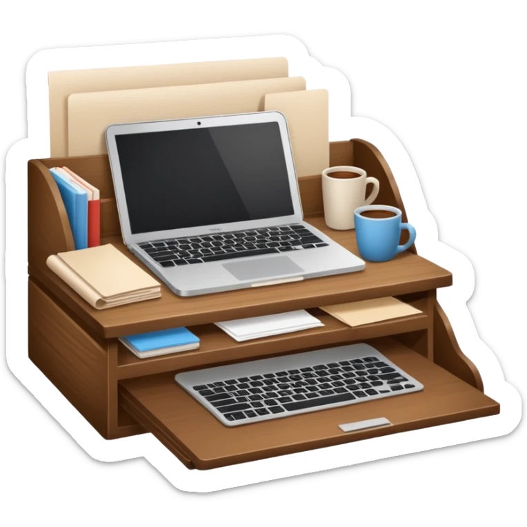 simple emoji of a cozy desk with a paper and a laptop on it sticker