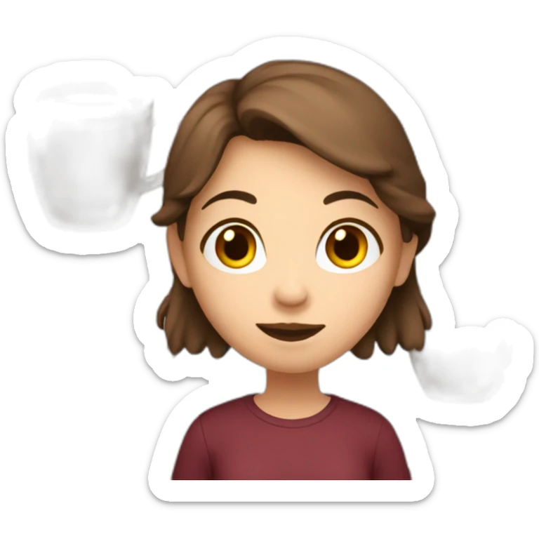 girl with brown hair, burgundy shirt with a large mug in her hand sticker