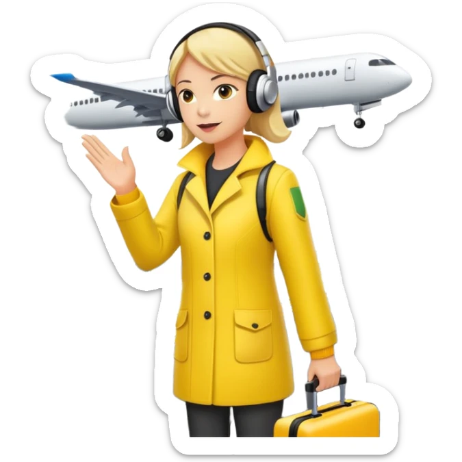ramp agent at airport wearing bright yellow coat and headphones, directing aircraft sticker