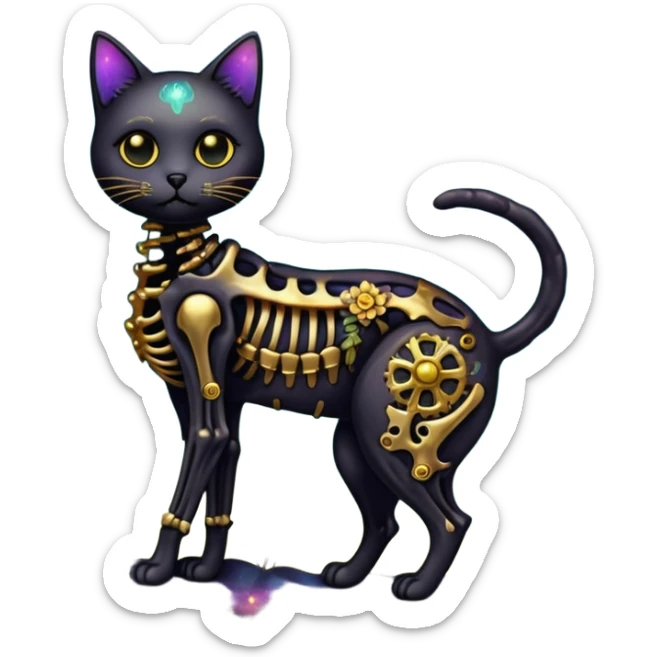 Black iridescent cat zombie skeleton gold mechanical nebula galaxy stars flowers fairy lights vintage sticker