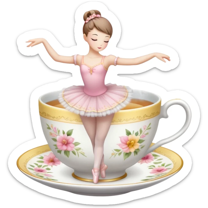 Porcelain tea cup with a floral pattern, steam rising, wearing a ballet tutu and in a graceful dance pose sticker
