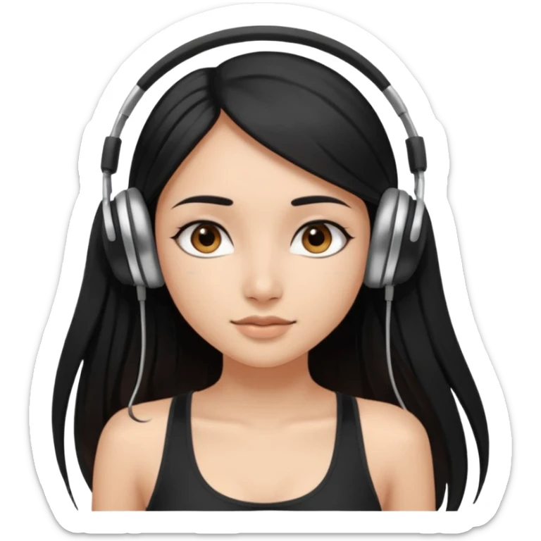 a fair indian girl with straight black long hair, wearing a black cami top. and wearing silver  headphones on sticker