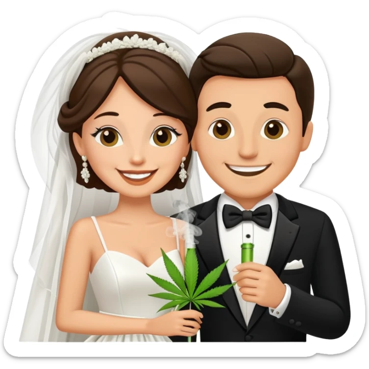 Bride in white dress and groom in tuxedo sharing a cannabis joint, cheerful cartoon wedding couple sticker