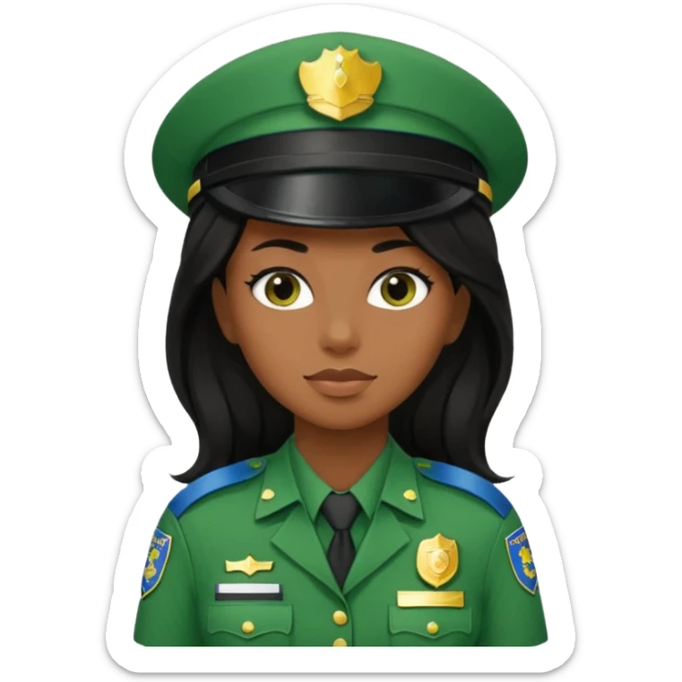 Female POLICE IN green, long black hair, brown skin sticker