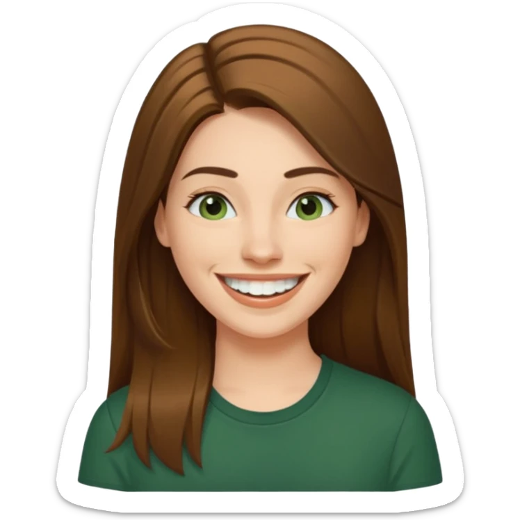 30 yr Caucasian woman long brown straight hair parted on side dark green shirt big smile white teeth sticker