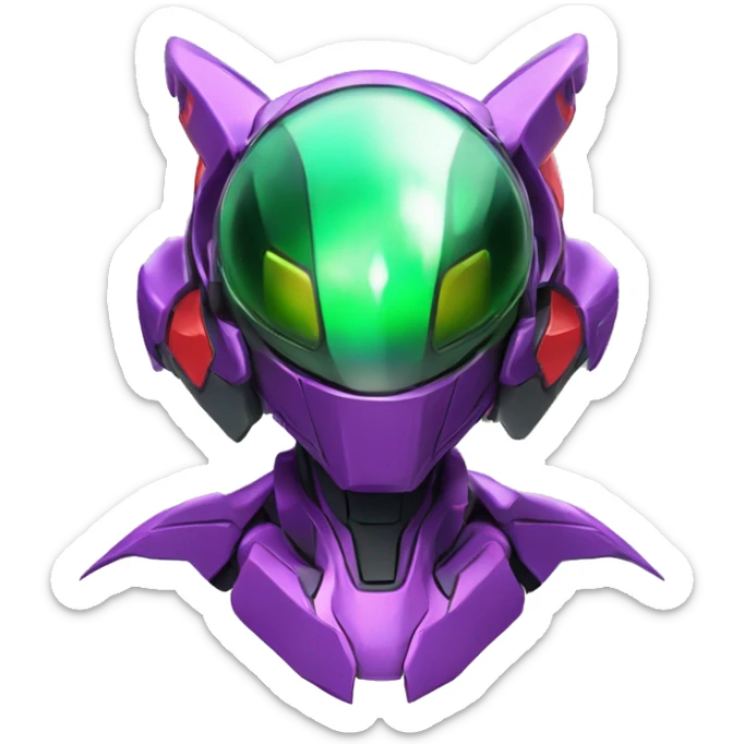 a shiny purple-green-red Genesect-Raptor-Fakémon—hybrid with a futuristic visor-helmet full body sticker