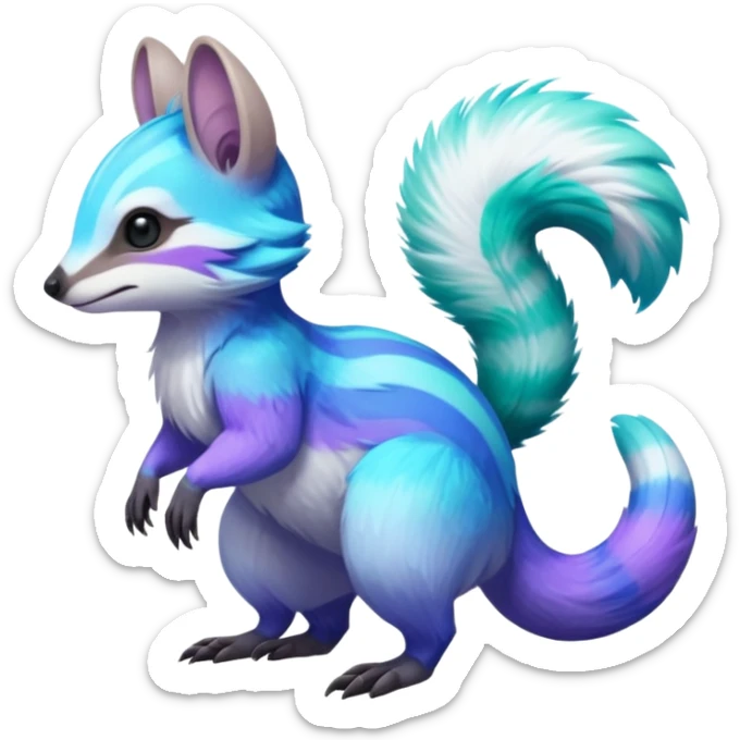 Iridescent Neon Green-Cyan-Blue-Purple-gradients Minccino-Numbat-Sergal-fusion-hybrid-animal-creature, full body sticker