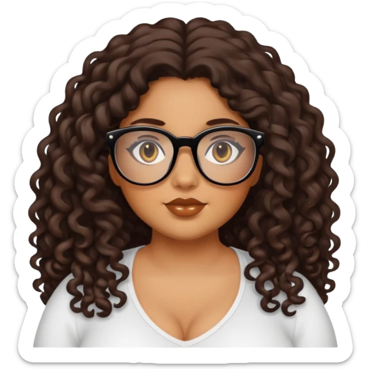 girl, caramel skin, long dark curly hair, plus size, black glasses sticker