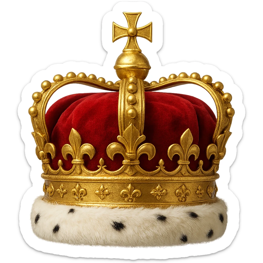 classic gold crown with red velvet and white fur trim, regal style sticker