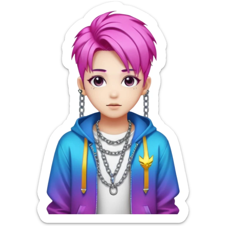  portrait-of-young-ghost-idol-in-kpop-style,-wearing-flashy-streetwear-outfit,-colorful-dyed-hair,-confident-pose,-accessorized-with-chains- sticker