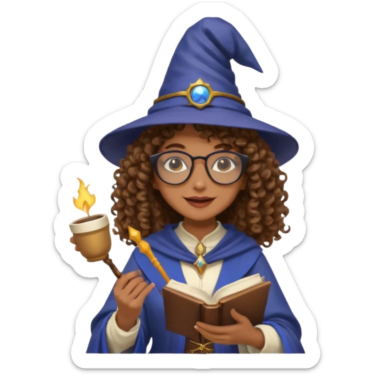 A Joyful Adult Female with Brown skin and Curly hair, wearing a Traditional outfit, a Wizard hat, Sunglasses, carrying a Spellbook, working as a farmer, while drinking Coffee and reading a Textbook. sticker