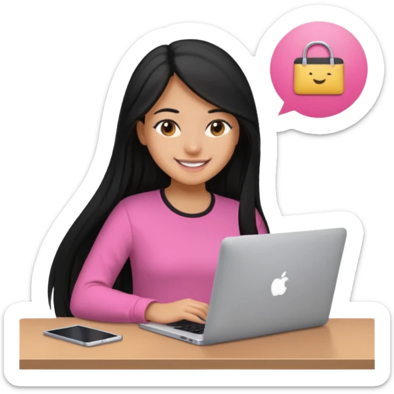 girl with black long hair working in a macbook, pink shirt, smily sticker