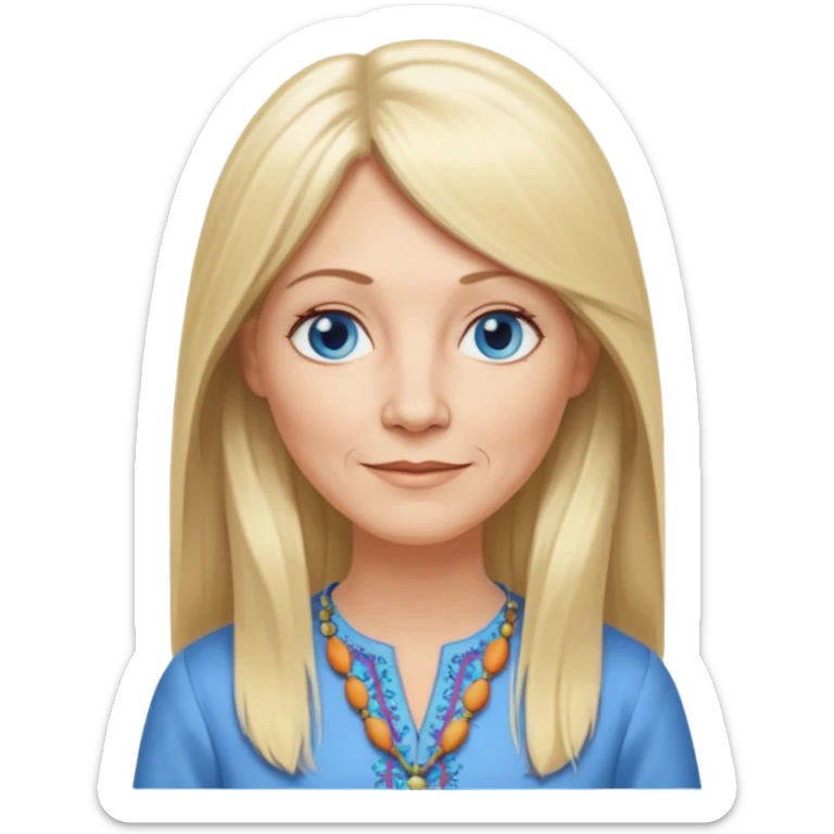 50 yr old white woman, hippie part bangs, very long straight blond hair, oval face, small smile, blue eyes, thin face, hair downback, hair parted at center of head, round cheeks, pale, longer hair, dress shirt sticker