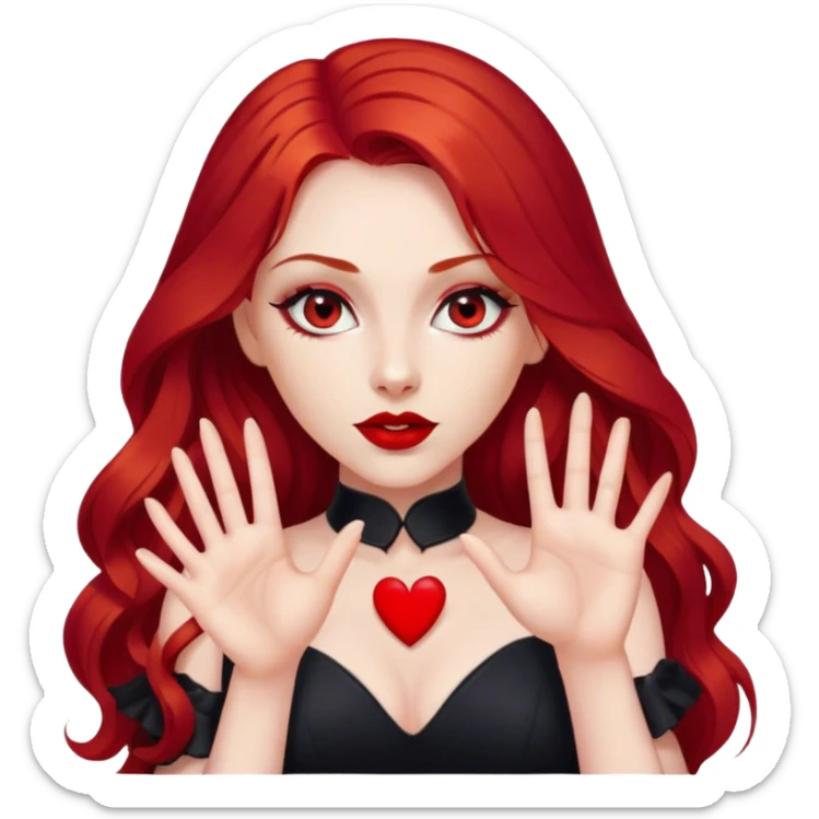 a pretty woman with long red hair and red eyes. The woman wear a black little cutted dress. She have red lipstick and she have a seductive look. She do a heart sign with hand sticker
