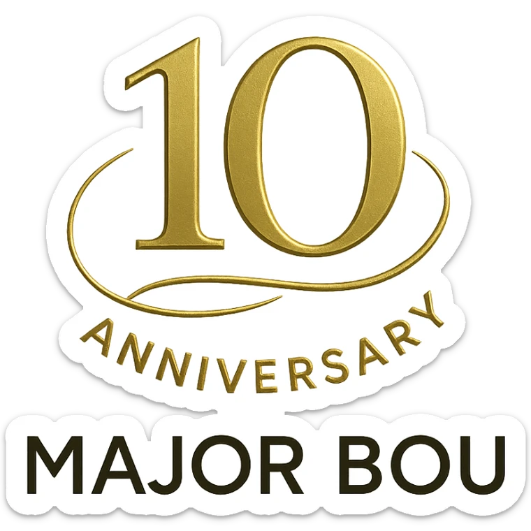 Elegant 10th anniversary logo for Major Bou with gold accents and a modern sans-serif font sticker