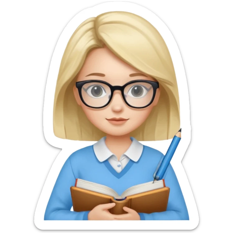 cute girl, glass, smart, Sky-blue colored clothing,
holding a book in one arm and a pen in the other hand.Holding a pen in the right hand as if teaching.Wearing black glasses, with a smart and bright-looking face. sticker