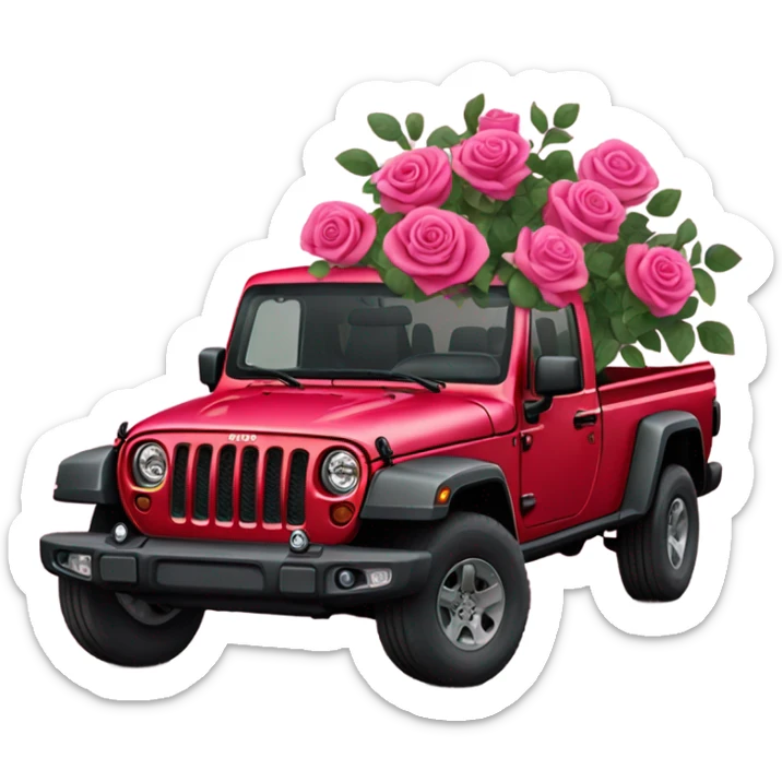 Realistic Red Jeep Gladiator with the truck bed full of pink roses. sticker