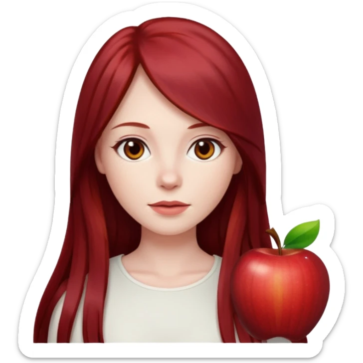 woman, pale skin, long straight dark red hair with layers, brown eyes, white top, apple emoji style sticker