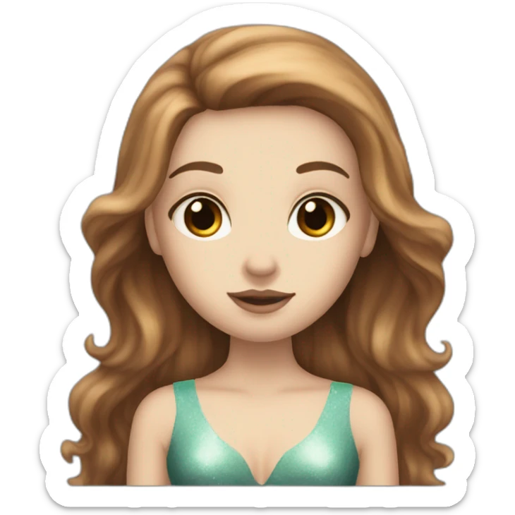 White girl with black eyes and long brown hair with a dreamy fish or mermaid looking face sticker