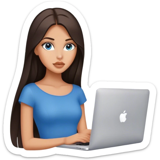 Glamours tanned very beautiful girl with pump natural peach beige lips and dark chocolate straight smooth long hair, blue-grey eyes with MacBook sticker