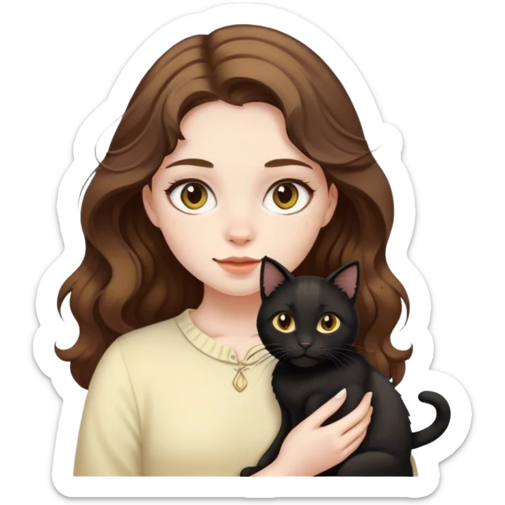 a girl with pale yellow skin and wavy hair and her black cat sticker