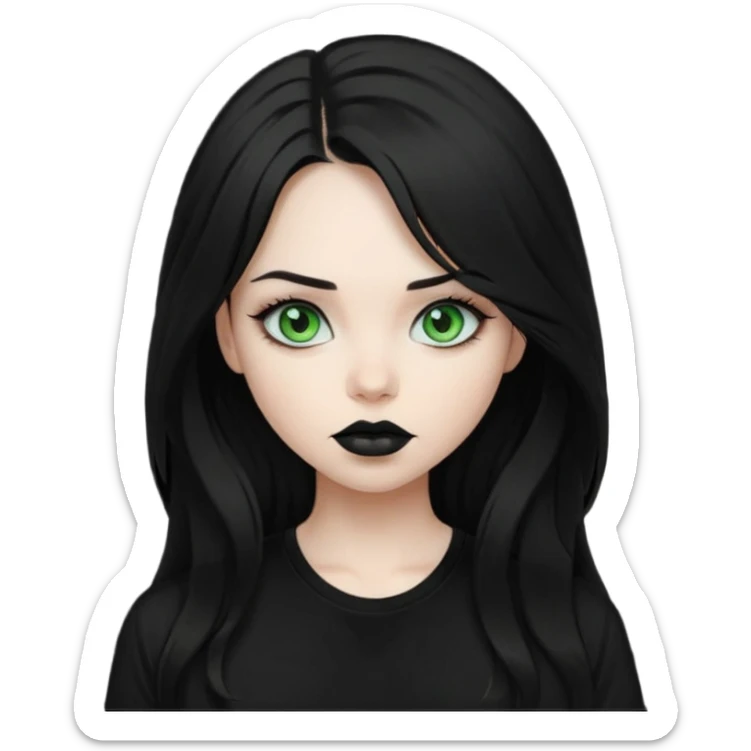 Black haired girl, green eyes, black lipstick, white skin, black t shirt, sharp face, long hair sticker
