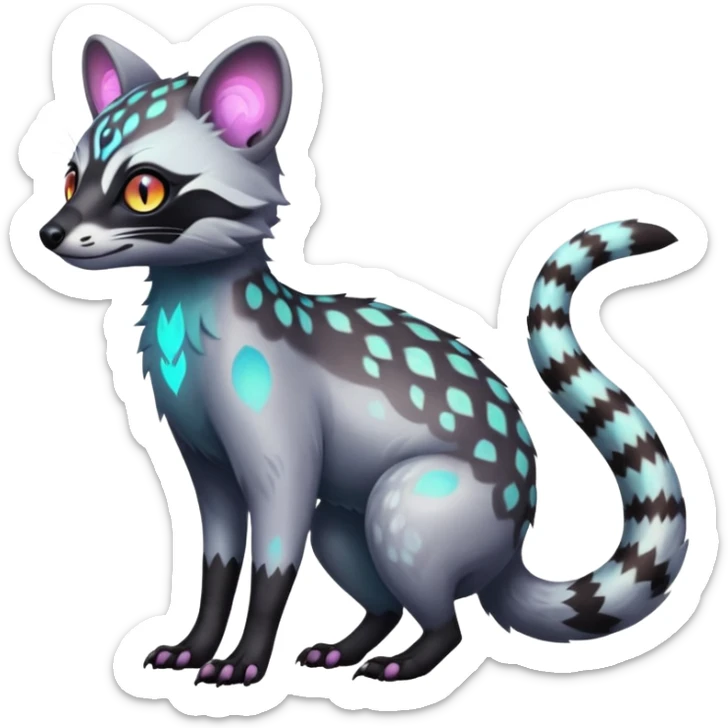 Rare iridescent white exotic epic aesthetic colorful Trico-Genet-Civet-species-Fakemon-hybrid-creature, with intricate tattoo markings, full body sticker