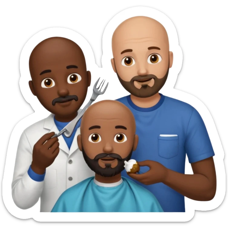 A bald man with a dark brown beard cutting someone’s hair at a barber shop and the other guy is eating a poop ball and the poop ball has eyes sticker