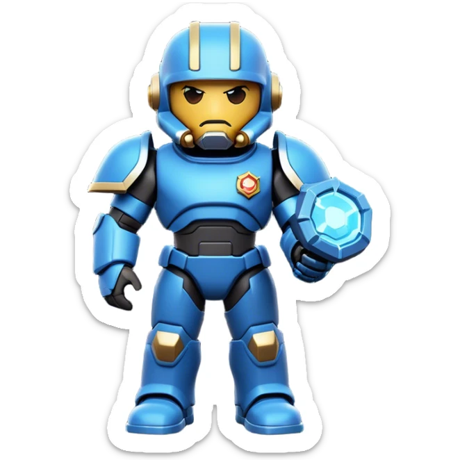 Clash of Clans aesthetic: Cinematic Playful Terran Marine Hero Emoji, rendered in a 3D vector-style similar to standard emojis with minimal shading and bold, simplified shapes. A compact, heroic isometric figure clad in futuristic power armor with signature energy accents, softly glowing with a cosmic battle charm. Simplified yet unmistakably iconic, highly detailed and consistent, glowing with a soft radiant shine and high gloss. Stylized with a touch of interstellar valor and a soft glowing outline, capturing the essence of an elite space warrior with a friendly, playful manner! sticker