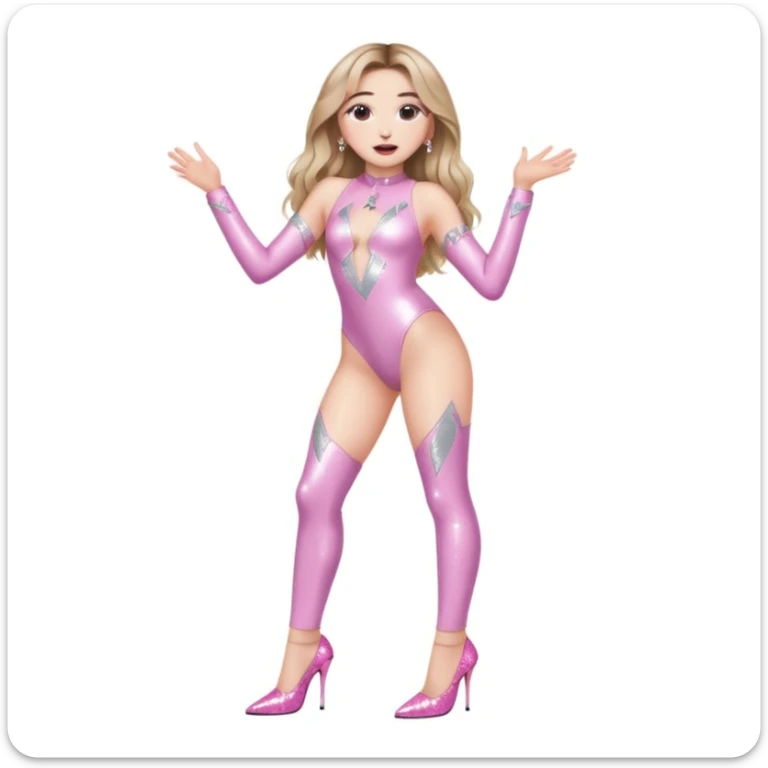 Sabrina carpenter singing at a concert wearing a silver bodysuit with kiss marks all over it  pink sparkle heels.  stage setting is very lit up with white stairs and confetti  sticker